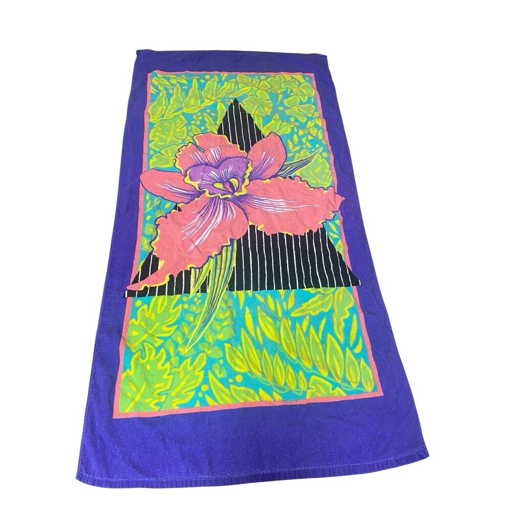 Vintage 1980’s Neon Franco Floral Beach Towel Tropical Orchid Geometric